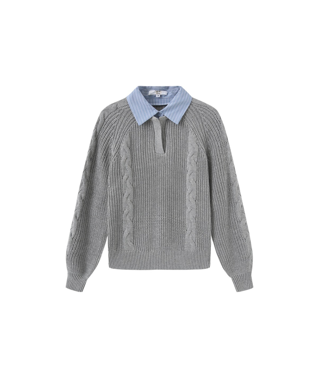 Cable Knit Stripe Collar Sweater